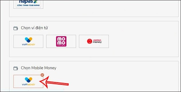 Chọn phương thức thanh toán Mobile Money