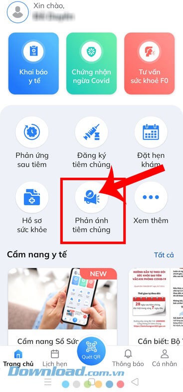Hướng dẫn phản ánh tiêm chủng trên Sổ sức khỏe điện tử