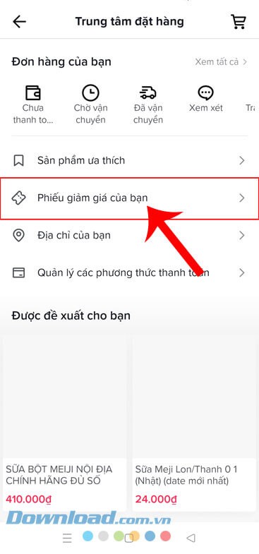 Nhấn vào mục Phiếu giảm giá của bạn