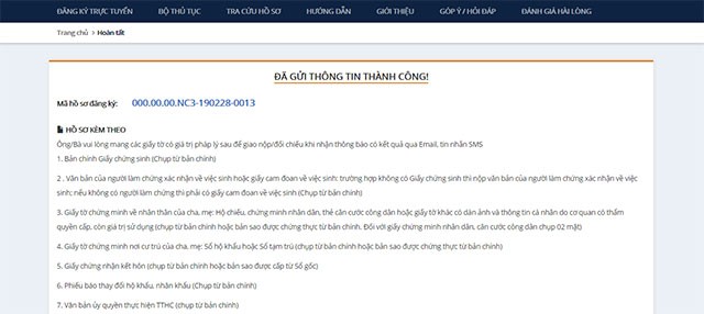 Thông tin đăng ký thành công