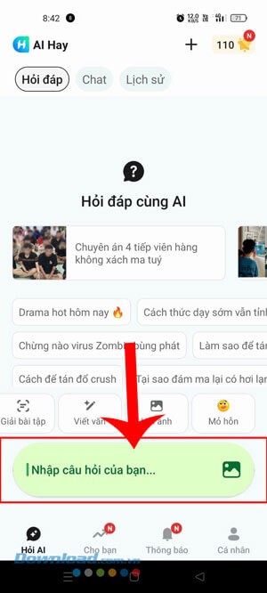 Nhấn vào khung tìm kiếm “Nhập câu hỏi của bạn”