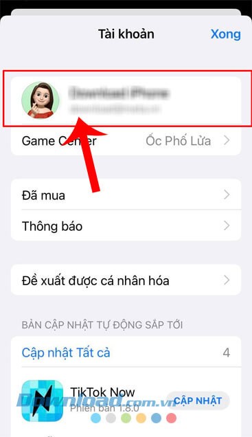 Ấn vào tên tài khoản iCloud của mình