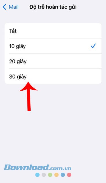 Chạm và chọn khoảng thời gian được phép thu hồi Email