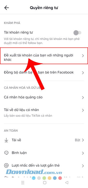 Nhấn vào mục Đề xuất tài khoản của bạn với những người khác