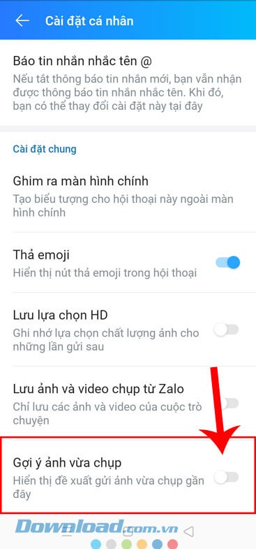 Tắt công tắc Gợi ý ảnh vừa chụp