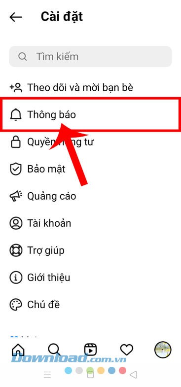 Chạm vào mục Thông báo