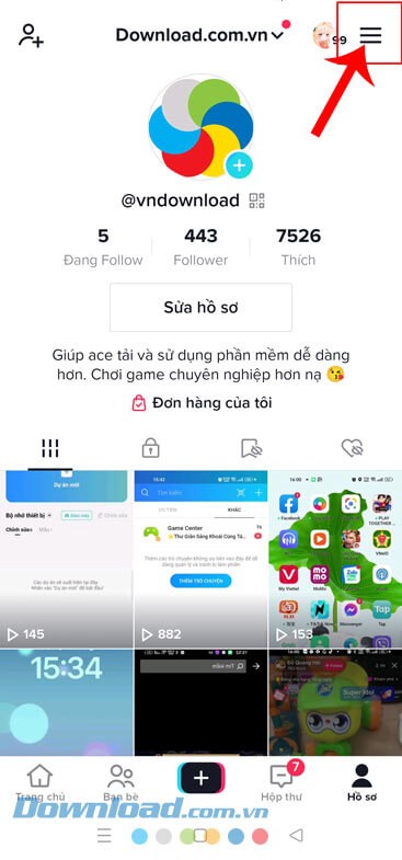 Chạm vào biểu tượng ba dấu gạch ngang