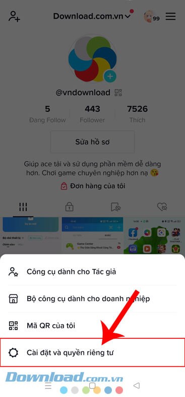 Nhấn vào mục Cài đặt và quyền riêng tư