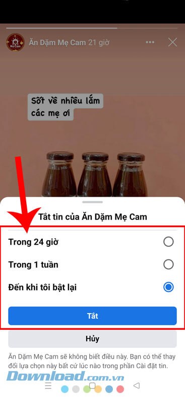 Chọn khoảng thời gian ẩn story, rồi nhấn vào nút Tắt.