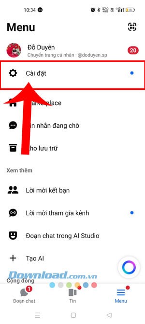 Chạm vào mục Cài đặt