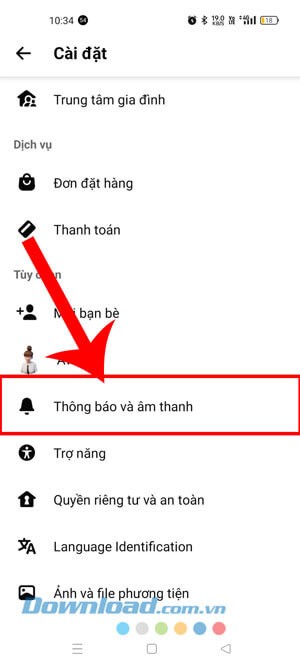 Nhấn vào mục Thông báo và âm thanh