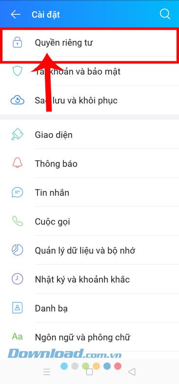 Nhấn vào mục Quyền riêng tư