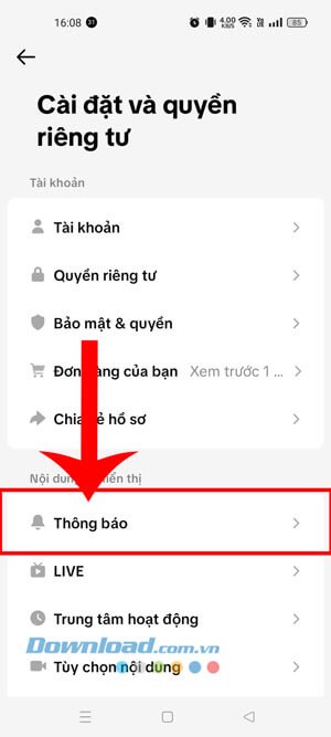 Nhấn vào mục Thông báo