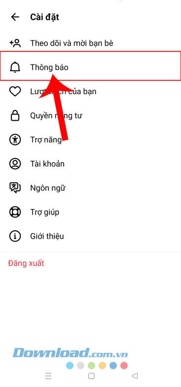 Nhấn vào mục Thông báo.