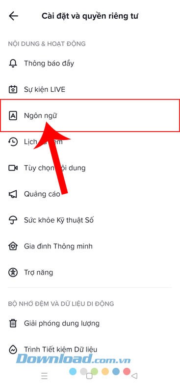 Nhấn vào mục Ngôn ngữ