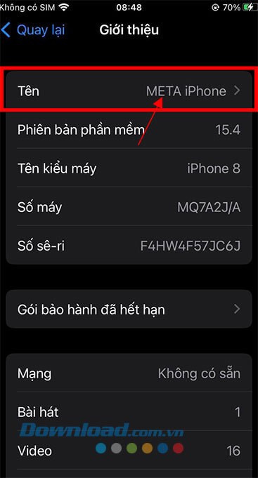 Chạm vào mục Tên