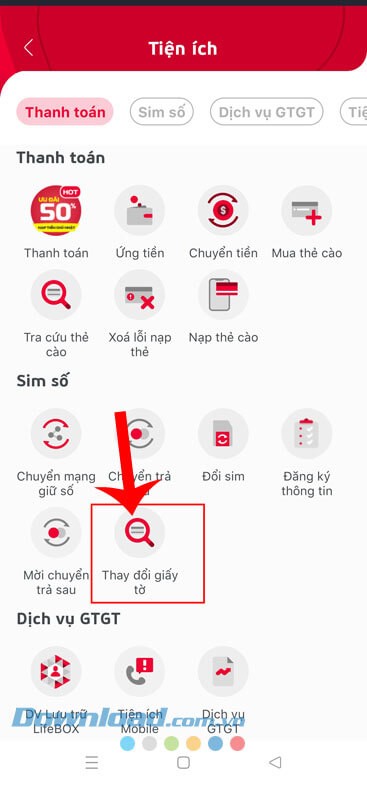Nhấn vào mục Thay đổi giấy tờ
