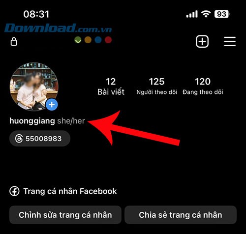 Tiểu sử Instagram sau khi được thêm danh xưng/đại từ chỉ giới