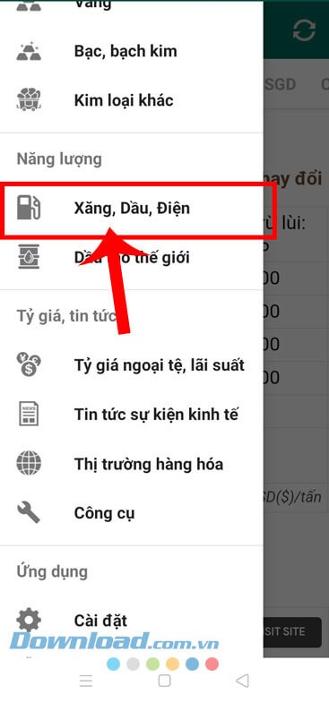 Nhấn vào mục Xăng, Dầu, Điện
