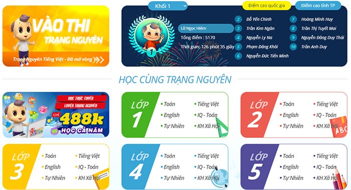 Giao diện thi Trạng Nguyên Tiếng Việt