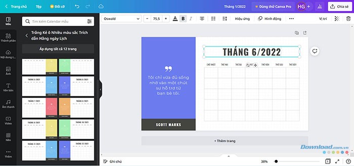 Canva cung cấp cả những mẫu lịch 12 tháng để người dùng dễ dàng ghi chú công việc, sự kiện cho cả năm