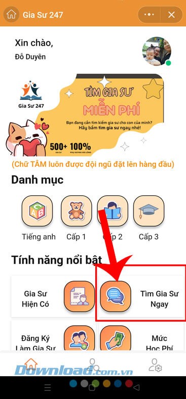 Ấn vào mục Tìm Gia Sư Ngay.