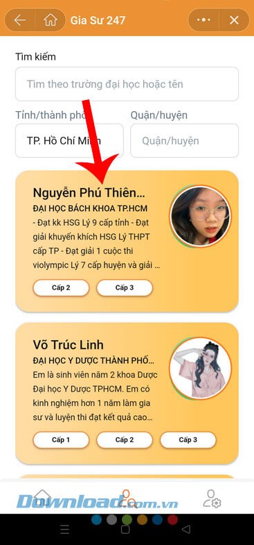 Tìm kiếm, chọn gia sư ở gần khu vực mình nhất.