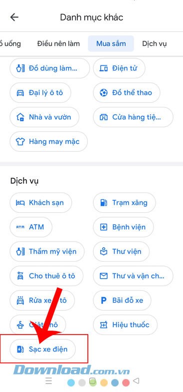 Chạm vào mục Sạc xe điện