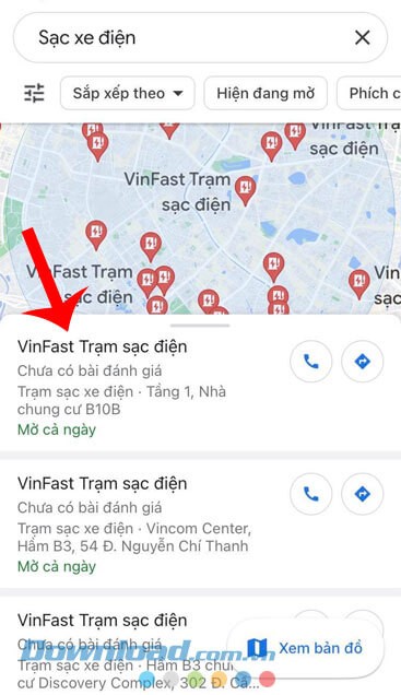 Ấn vào mục Trạm sạc xe điện bất kỳ