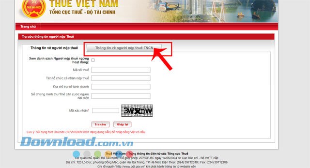 Nhấn vào mục Thông tin về người nộp thuế TNCN