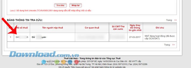 Tra mã số thuế thành công