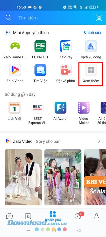 Nhấn vào mục Xem thêm ở mục Mini Apps yêu thích.