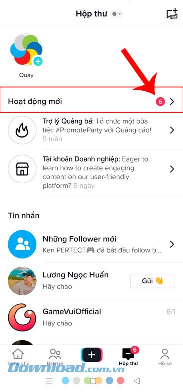 Chạm vào mục Hoạt động mới