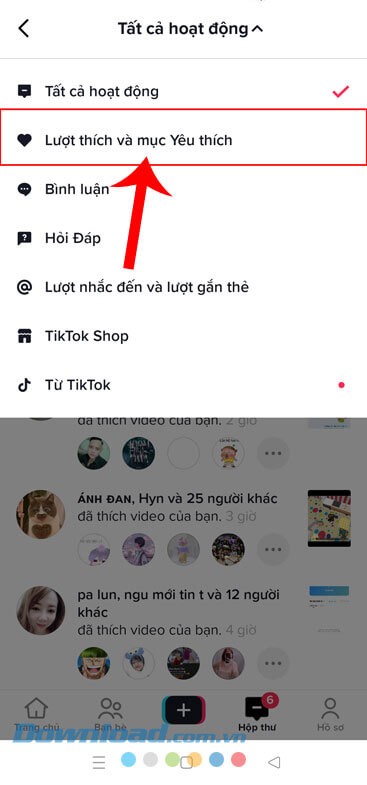 Ấn vào mục Lượt thích và mục Yêu thích