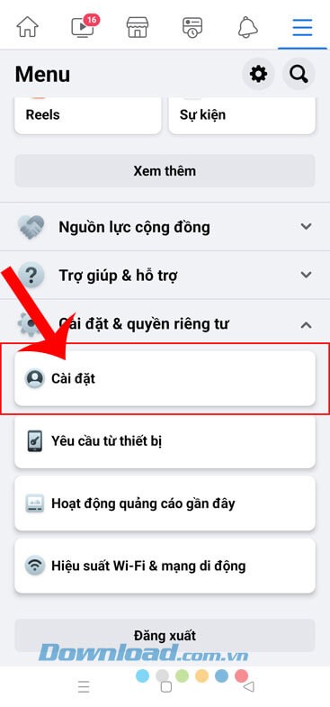 Nhấn vào mục Cài đặt