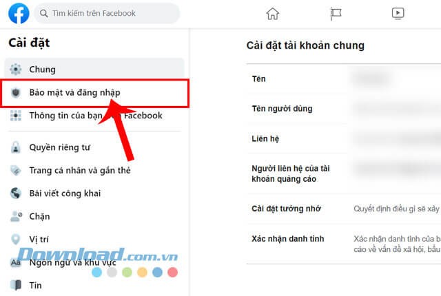 Click chuột vào mục Bảo mật và Đăng nhập