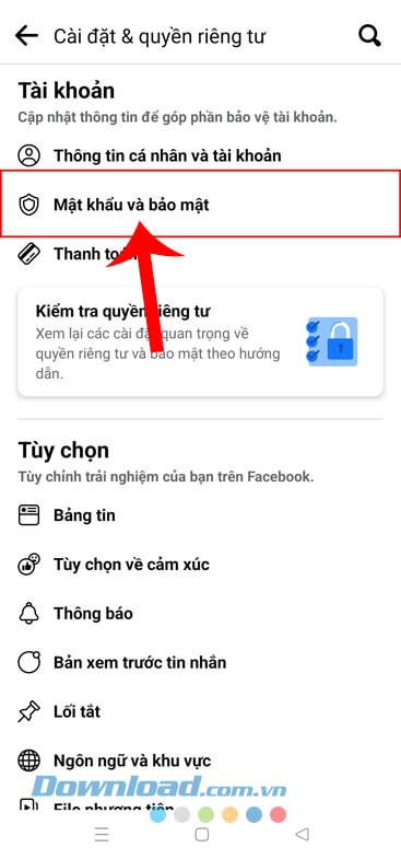 Nhấn vào mục Mật khẩu và Bảo mật