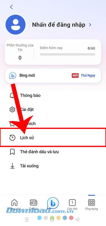Chạm vào mục Lịch Sử