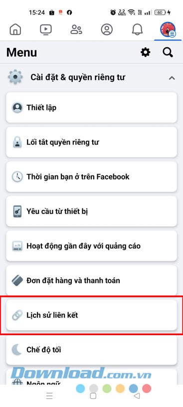 Ấn vào mục Lịch sử liên kết