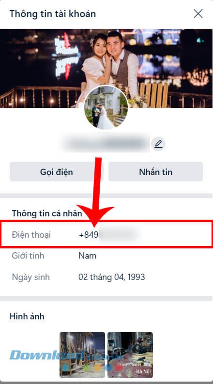 Số điện thoại Zalo hiển thị khung cửa sổ Thông tin tài khoản