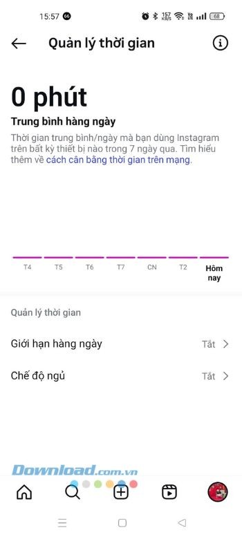 Hiển thị biểu đồ thống kê chi tiết về tổng thời gian sử dụng Instagram