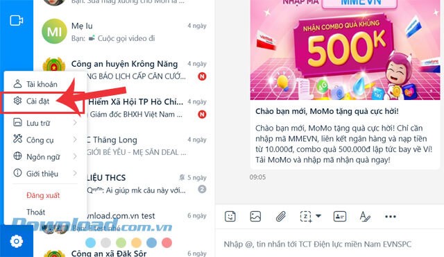 Nhấn vào mục Cài đặt