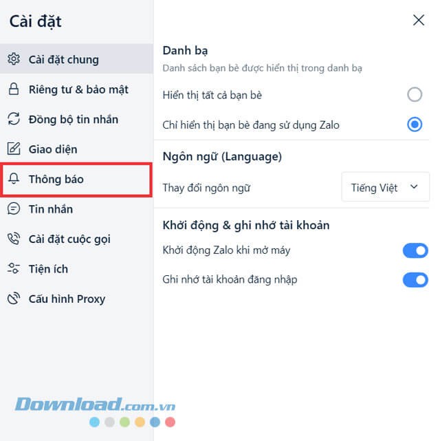 Nhấp chuột vào mục Thông báo