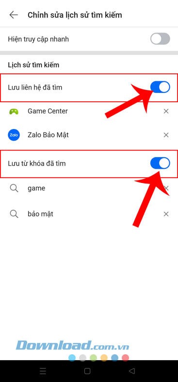 Tắt công tắc tại mục Lưu liên hệ đã tìm và Lưu từ khóa đã tìm