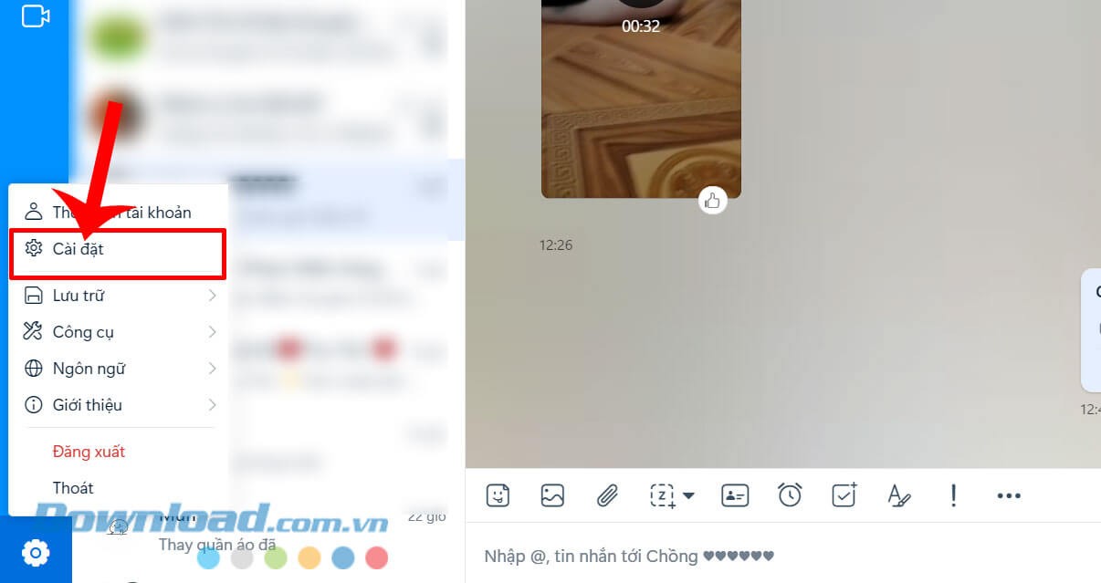 Nhấp chuột vào mục Cài đặt