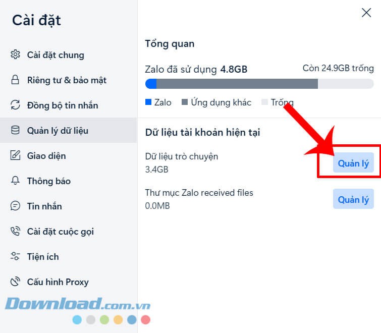 Nhấp chuột vào nút Quản lý ở bên cạnh mục Dữ liệu trò chuyện