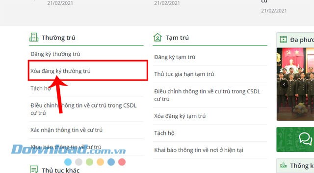 Nhấp chuột vào mục Xóa đăng ký thường trú