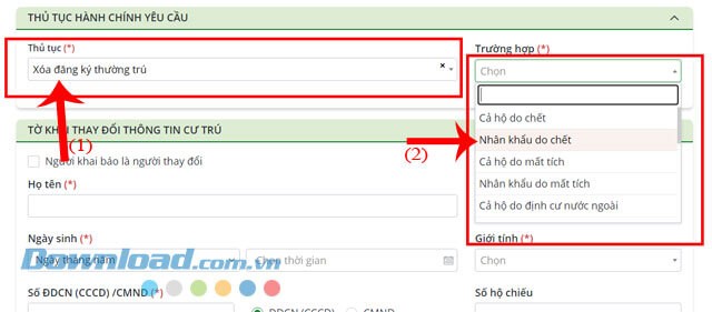 Điền thông tin Thủ tục hành chính yêu cầu