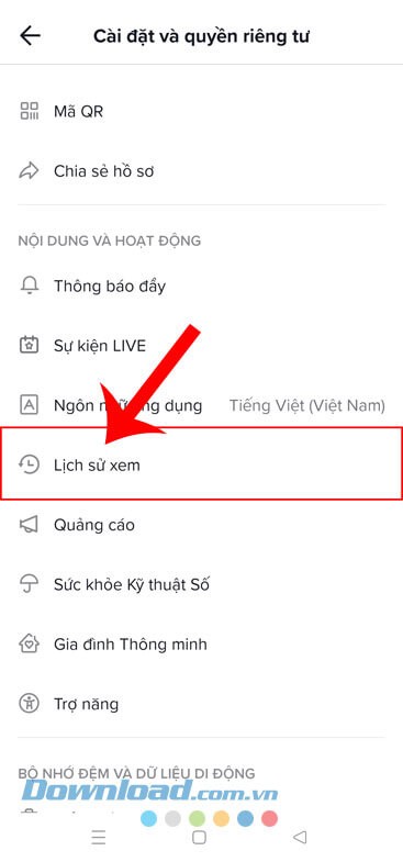Nhấn vào mục Lịch sử xem