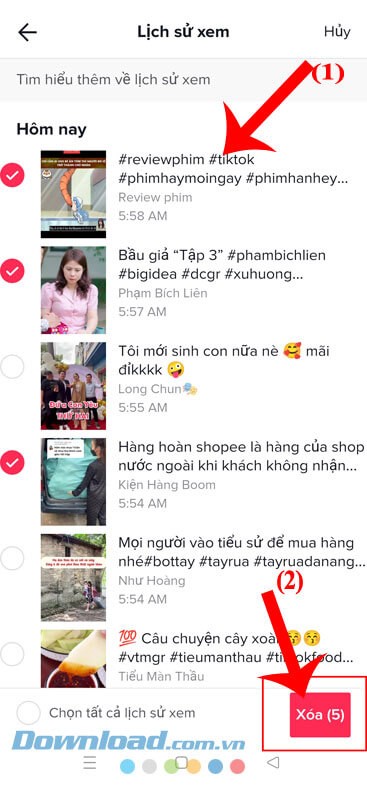Chọn video bất kỳ > Nhấn vào nút Xóa